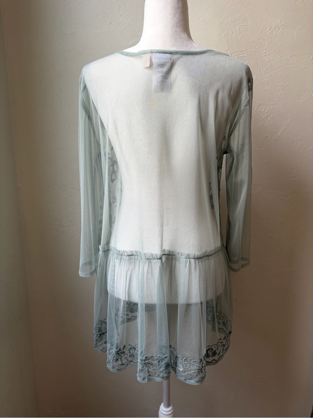 Logo Lavish Embroidered Mesh Tunic Top Sage Green Sheer Boho XL - Picture 6 of 7